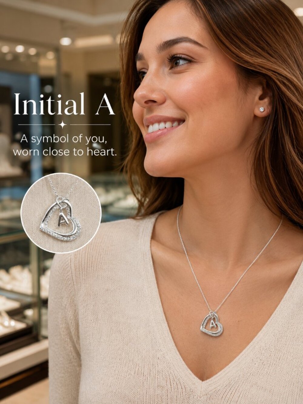 Silver Heart Pendant Necklace with Initial A - Women's Jewelry - Picture 2 of 6
